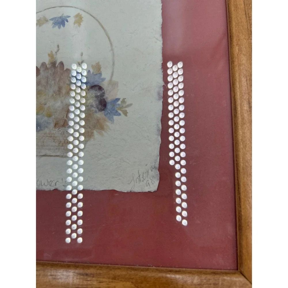 Vintage 1998 Signed Antonia Wildflowers Pressed Flower Art Oak Wood Frame 10.5